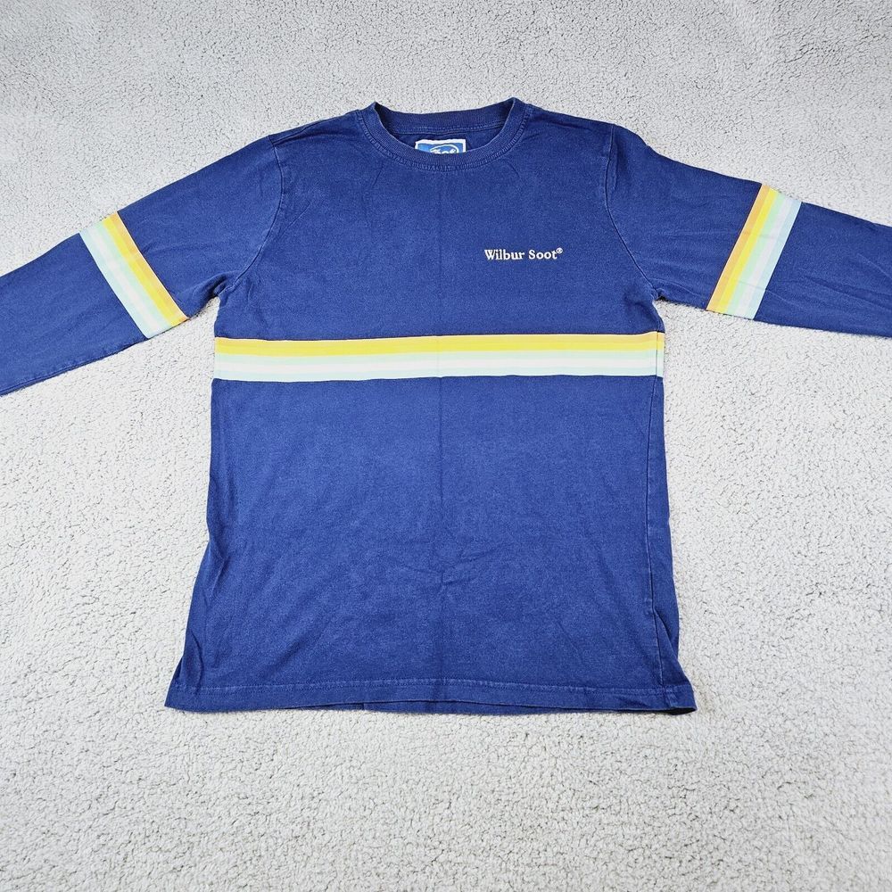 Vintage Wilbur Soot Size S Blue‎ Rainbow Stripe Crew Neck Long Sleeve Shirt 1996